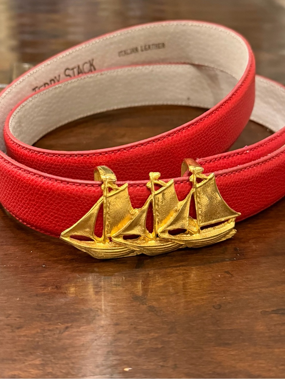 Red Leather Belt with Gold Ship Buckle